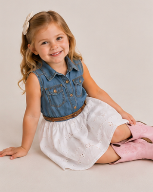 Denim & Eyelet Twirl Dress with Braided Belt