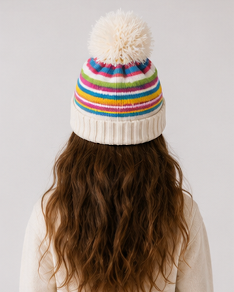 Person wearing a colorful striped beanie with a pom-pom on a plain background