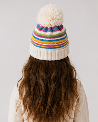 Person wearing a colorful striped beanie with a pom-pom on a plain background
