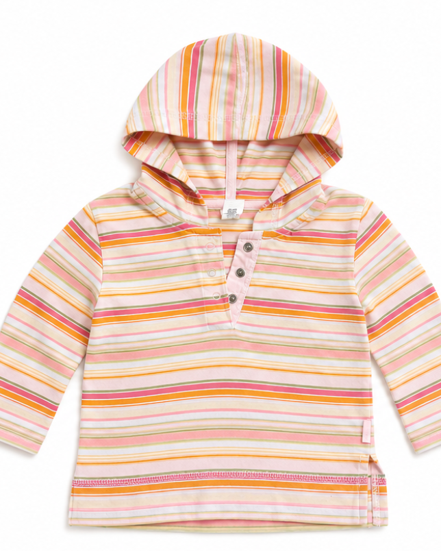 A baby long-sleeve hooded henley shirt with horizontal stripes in pink, orange, yellow, and white, featuring a three-button placket.