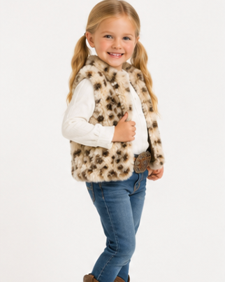 Young girl wearing a leopard print vest, white shirt, blue jeans, and brown boots on a white background