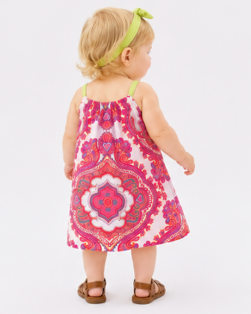 Child wearing a colorful dress with a pink and white pattern on a white background