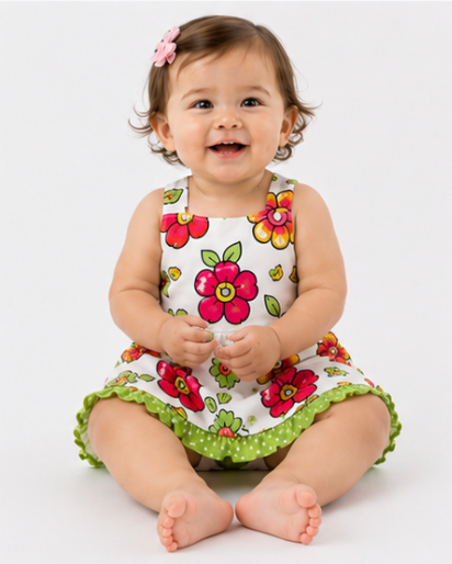 Child wearing a colorful floral dress on a white background