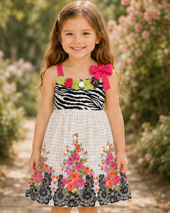 Young girl wearing a floral dress with zebra pattern and pink bows outdoors.