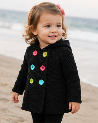Child wearing a black sweater with colorful buttons on a beach