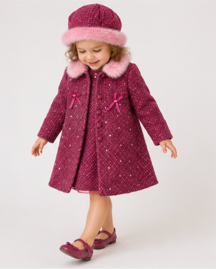 Child wearing a pink coat with fur trim on a white background