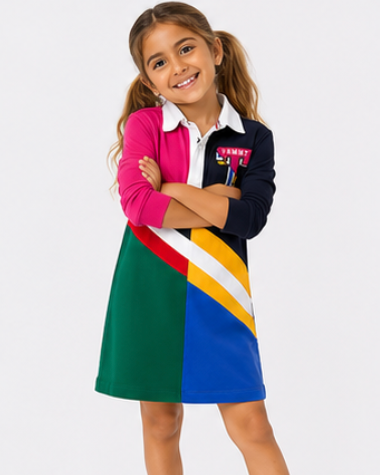 Young girl wearing a colorful dress with a white background