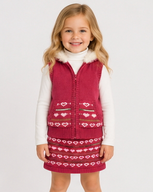 Young girl wearing a red patterned vest over a white shirt, brown boots, and white leggings on a light gray background.