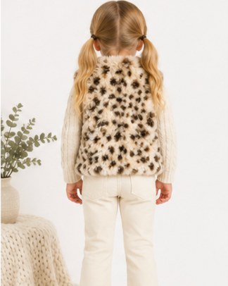 Child wearing a faux fur vest with floral pattern lining and white pants on a white background