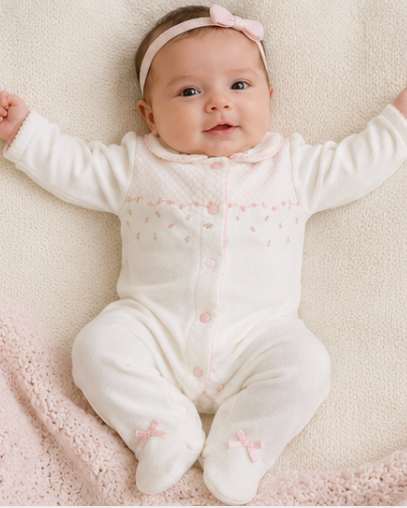 Baby in a white onesie with pink accents lying on a soft surface