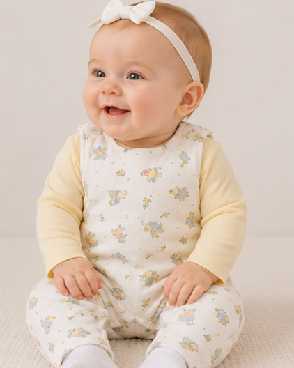 Baby wearing a onesie and headband on a neutral background