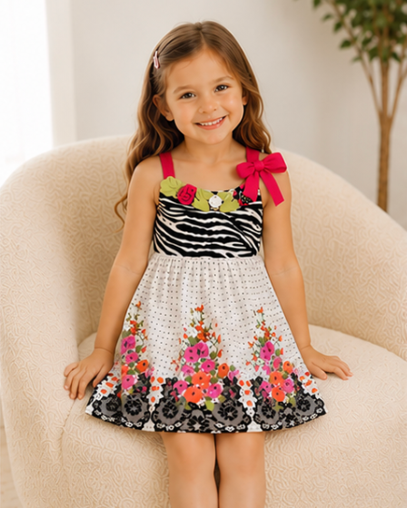 Young girl wearing a floral dress with zebra pattern top, sitting on a beige chair.
