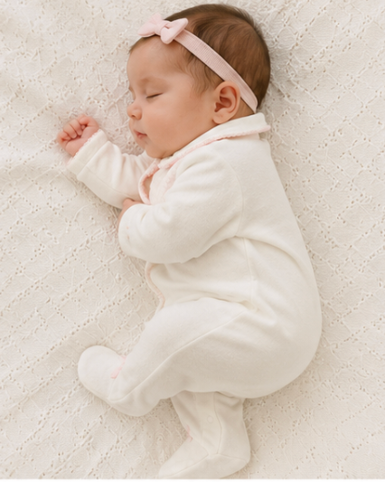 Baby in a white onesie with a pink headband lying on a textured white surface