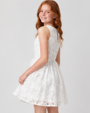 Young girl wearing a white lace dress on a plain background