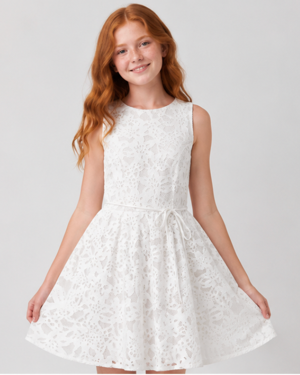 Young girl wearing a white lace dress on a light gray background