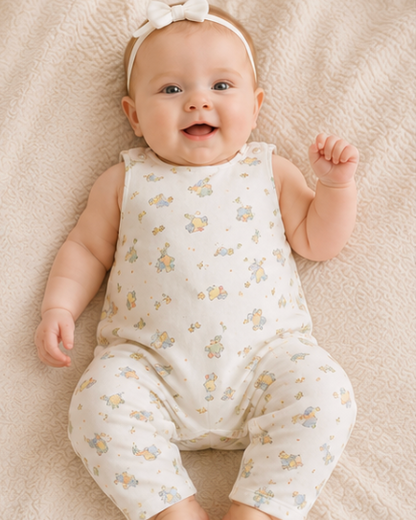 Baby wearing a white romper lying on a beige blanket