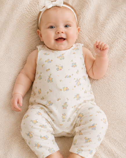 Baby wearing a white romper lying on a beige blanket