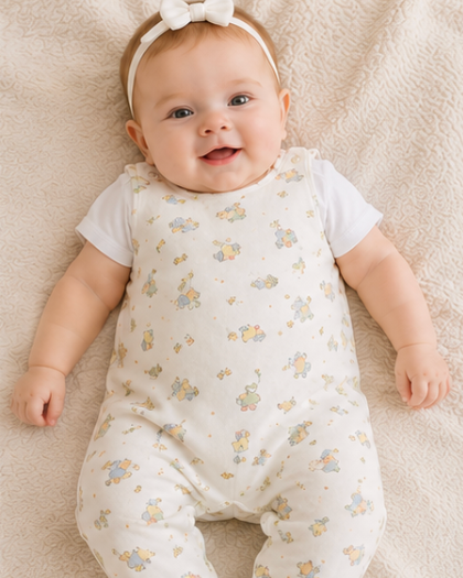 Baby wearing a white outfit with animal patterns on a beige blanket