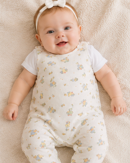 Baby wearing a white outfit with animal patterns on a beige blanket