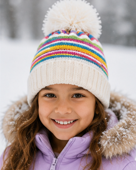 Child wearing a colorful striped beanie and purple winter coat in a snowy setting
