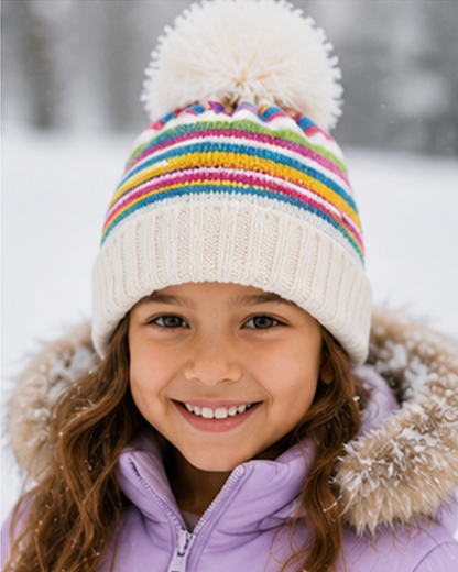 Child wearing a colorful striped beanie and purple winter coat in a snowy setting