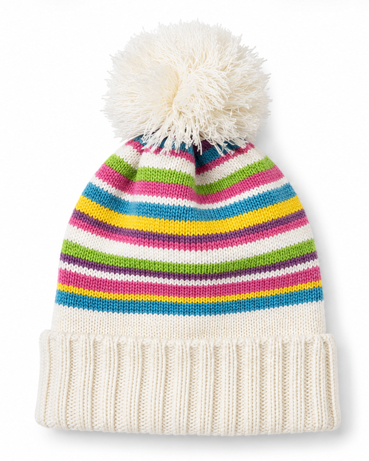 Colorful striped knit hat with a pom-pom on a white background