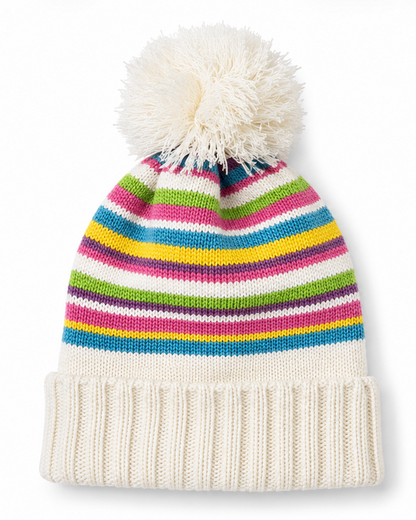 Colorful striped knit hat with a pom-pom on a white background