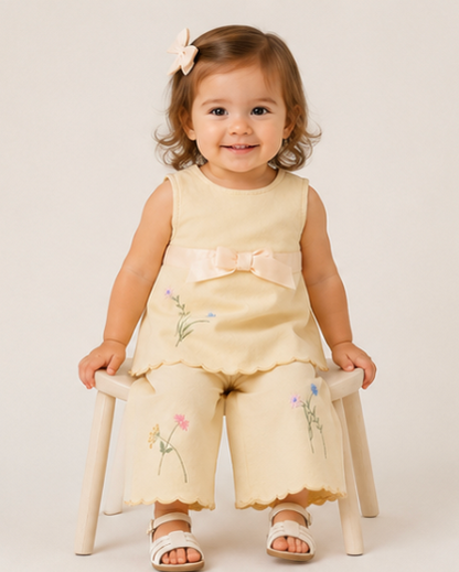 Child wearing a light yellow outfit with floral embroidery on a white background