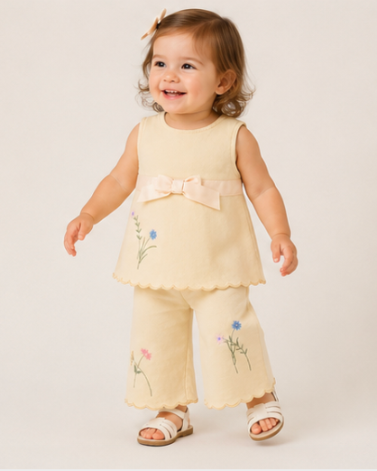 Child wearing a yellow outfit with floral embroidery on a plain background