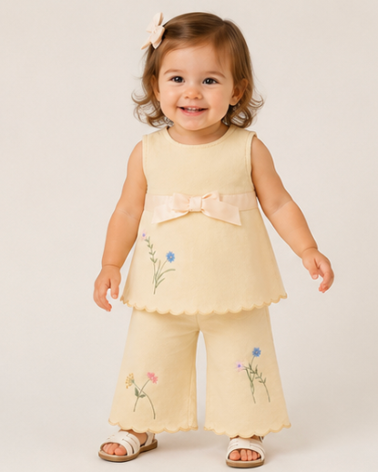 Child wearing a yellow outfit with floral embroidery on a white background