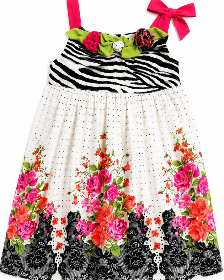 Children's dress with zebra print top and floral skirt on a white background