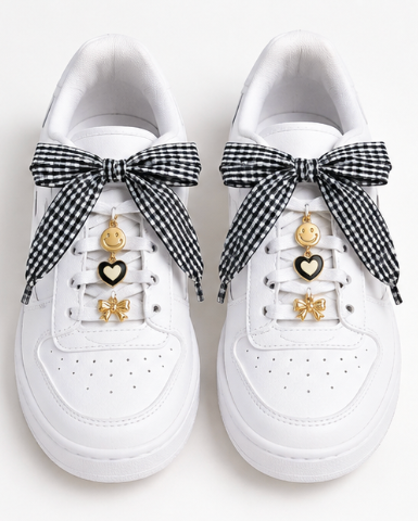 Gingham Bow Shoelaces + Gold Shoe Charm Set