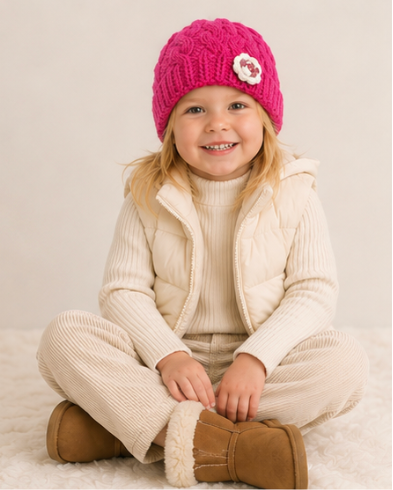 A young child sitting cross-legged on a white fluffy rug, wearing a bright pink cable-knit beanie with a white flower accent, a cream quilted vest over a cream ribbed turtleneck, cream corduroy pants, and brown suede boots.