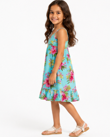 A young girl with long brown hair is wearing a light blue sleeveless dress with a vibrant pink and green floral pattern, paired with beige flat sandals, set against a plain white studio background.