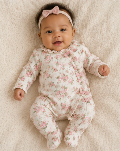 A smiling baby lying on a textured cream blanket, wearing a long-sleeve footed sleeper with a pink and green floral print and a matching pink bow headband.
