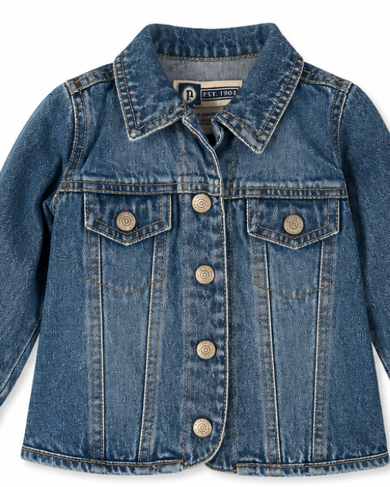 Blue denim jacket with button details on a white background