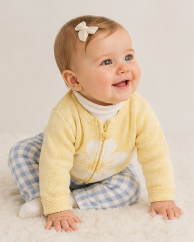 A smiling baby sitting on a white fluffy rug, wearing a pale yellow knit zip-front cardigan over a white turtleneck and blue-and-white gingham pants, with a small cream bow in their hair.