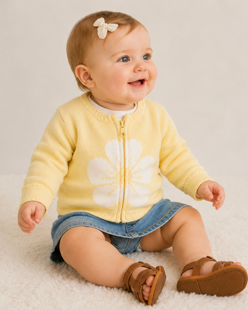 A baby sitting on a white textured rug wearing a pale yellow knit zip-up cardigan with a large white flower motif, blue denim shorts, and brown sandals. The baby has a small white bow in their hair.
