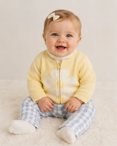 A smiling baby sitting on a soft cream rug, wearing a pale yellow zip-front cardigan with a large white flower motif, light blue and white gingham pants, white socks, and a small cream bow in their hair.