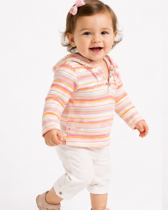 A toddler girl walking and smiling, wearing a pastel striped hooded long-sleeve top with white pants and tan shoes, photographed against a clean white studio background.