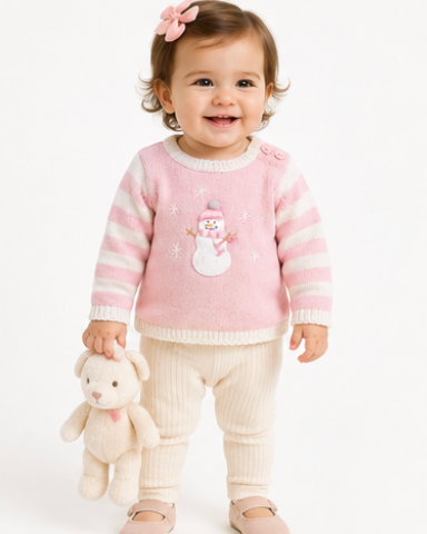 A smiling toddler stands against a plain white studio background wearing a pink and cream striped knit sweater with a snowman applique, cream ribbed pants, and pale pink shoes, while holding a small cream stuffed animal.