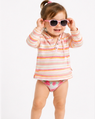 A toddler girl wearing a pink and orange striped long-sleeve polo shirt, a pink floral bikini bottom, and pink flip-flops, adjusting pink heart-shaped sunglasses against a white studio background.